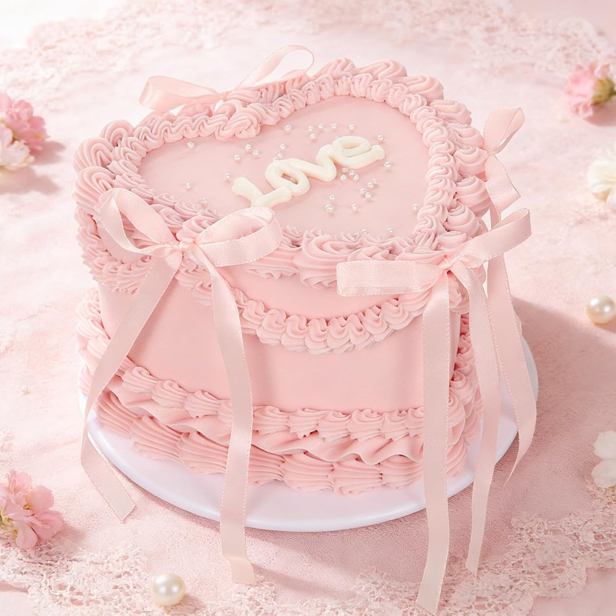 YEXEXINM Pastel Falso 18 cm con Lazo Rosa | Torta Artificial Corazón con Perlas para Decoración y Fotografía | Utilería de Vitrina