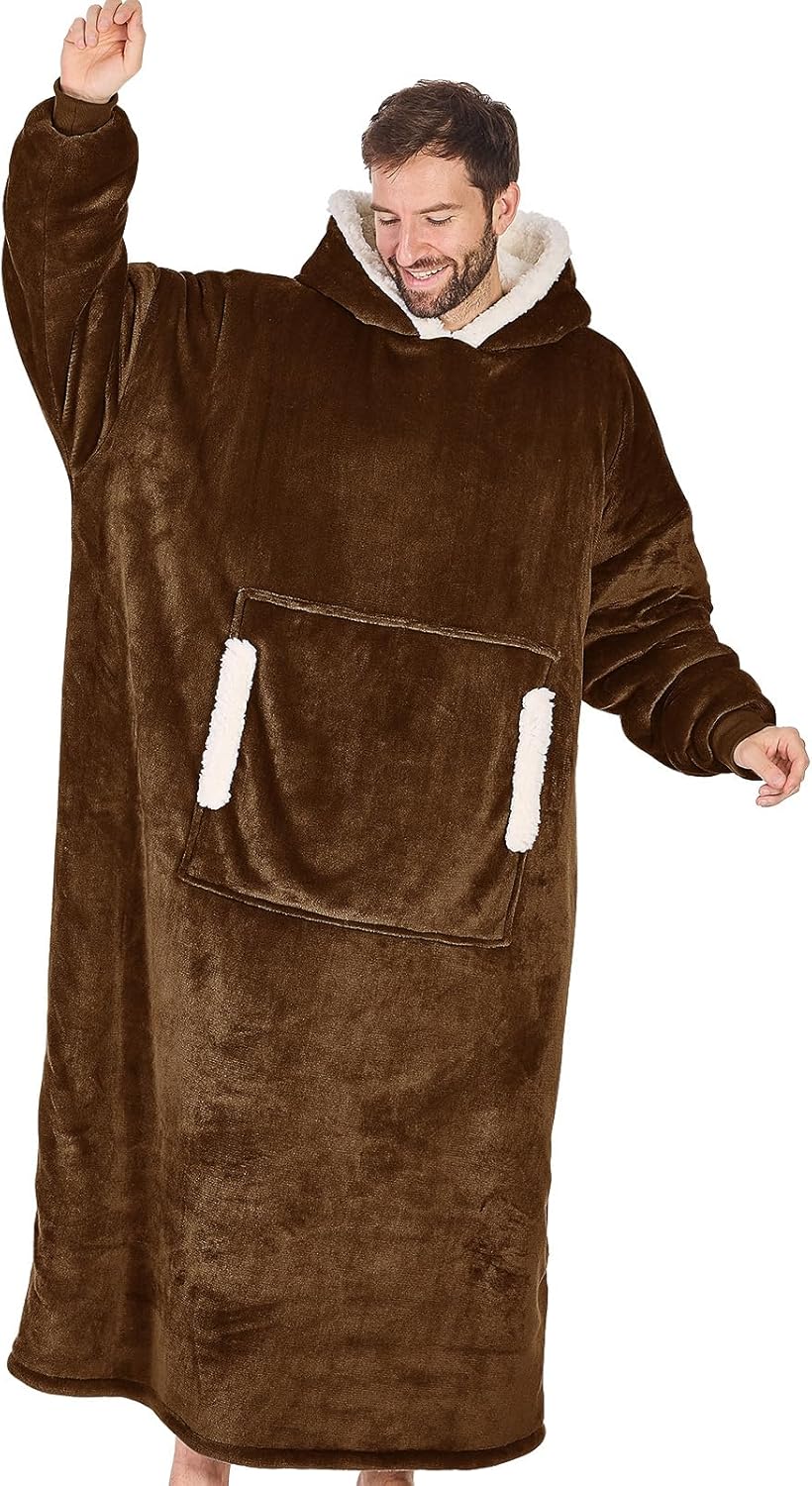 yescool Wearable Blanket Hoodie - Birthday Christmas Gifts for Women Mom Girlfriend, Extended Oversized Flannel Sherpa Cozy Hooded Blanket Sweatshirt Adult With Hood Pocket & Sleeves (Brown)