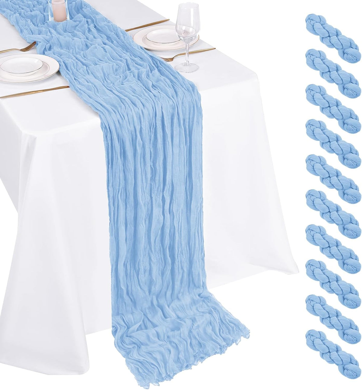 Set 10 Caminos de Mesa de Gasa Azul Claro Boho 17x108" – Para Bodas, Baby Showers y Fiestas