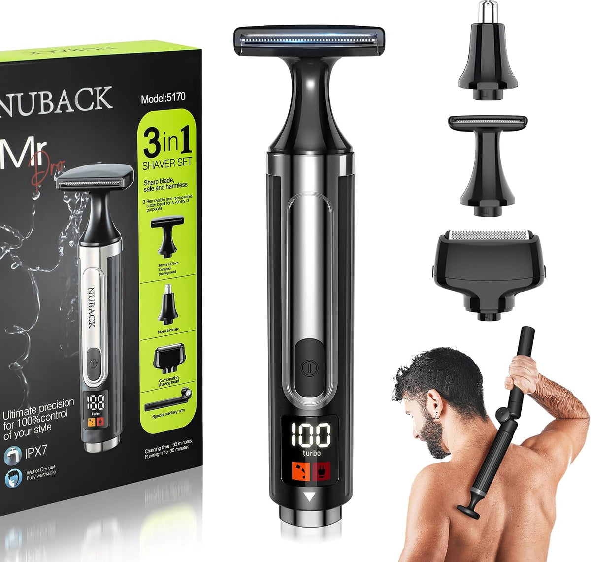 Afeitadora eléctrica de espalda NUBACK para hombre, afeitadora de espalda 3 en 1 para hombre, recortadora de vello de espalda inalámbrica para hombre con mango largo extensible, afeitadora corporal de autoservicio con cuchilla más ancha