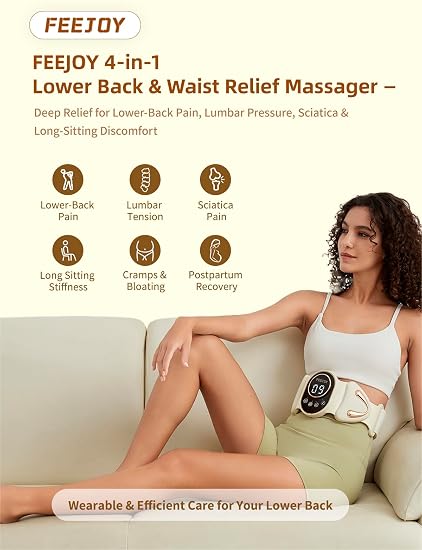 Masajeador inteligente 4 en 1 de espalda baja con calor, pulso, vibración y luz – Dispositivos de alivio del dolor de cintura, lumbar y ciática para estar sentado durante mucho tiempo, alivio muscular y soporte posparto, beige