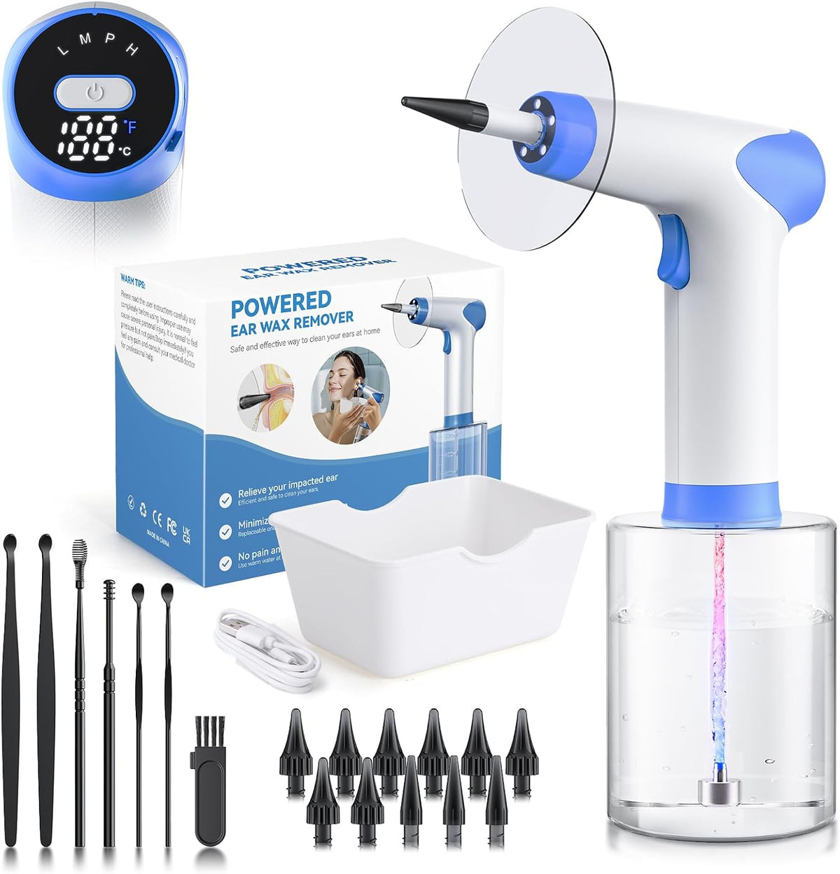 Removedor de Cera de Oidos | Limpiador de Oidos con 4 Modos de Presion | Kit de Limpieza con Pantalla Digital de Temperatura | Sistema de Irrigacion Seguro | Blanco