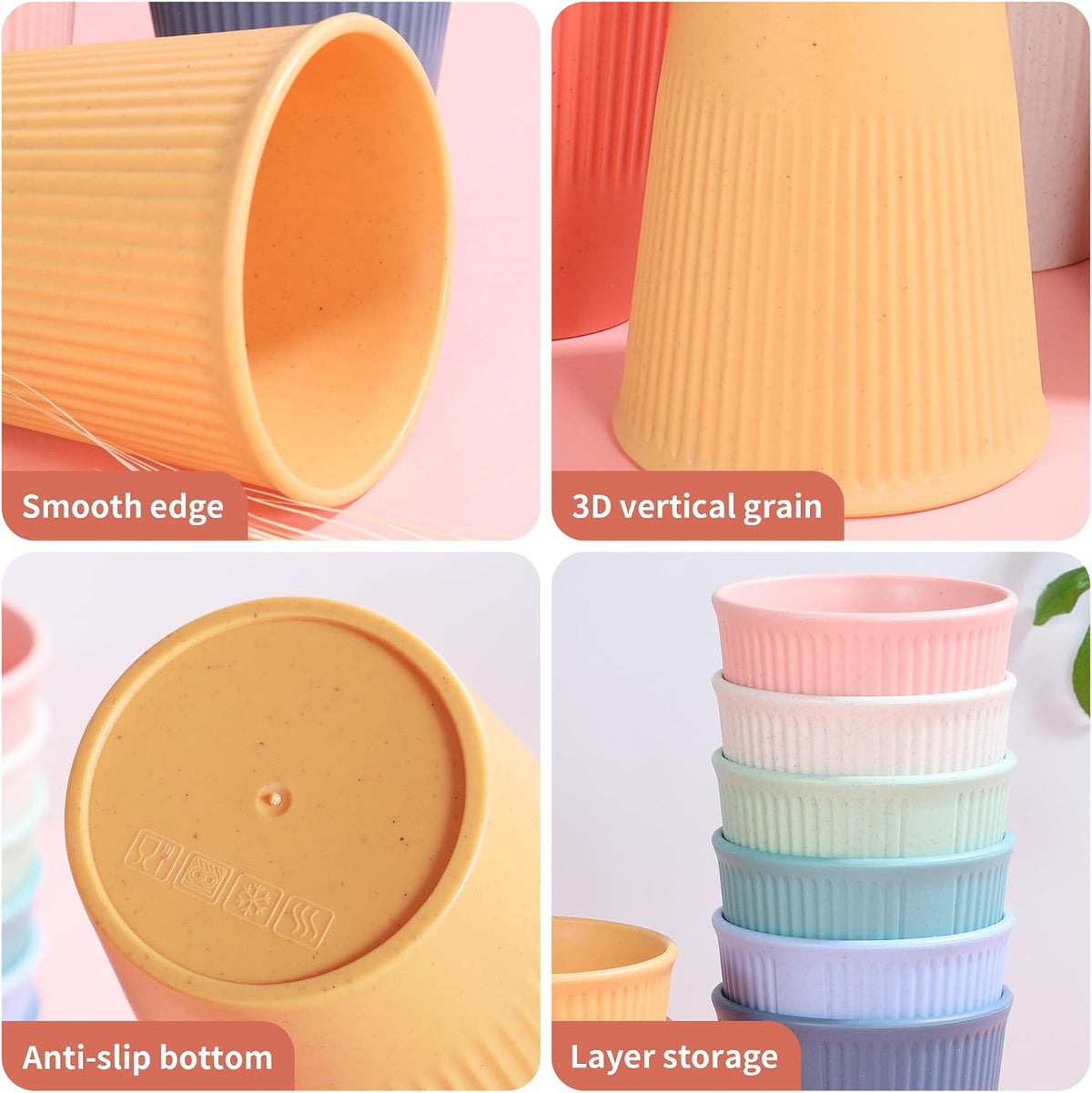 Vasos de paja de trigo, vasos irrompibles aptos para lavavajillas, disponibles en 8 colores para agua, zumo, leche, refrescos y café. Fáciles de limpiar y reutilizables (8 unidades).