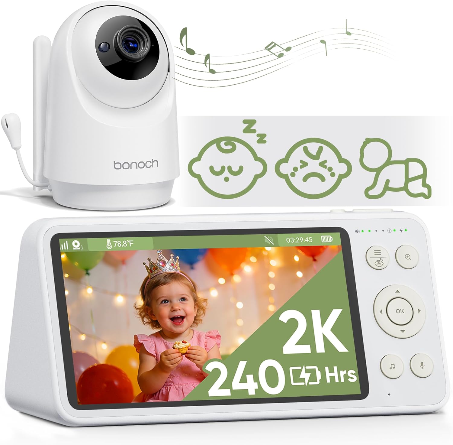 Bonoch 2K Baby Monitor Pro - 5.5" Screen No WiFi Video Camera - 240H Battery, 1600ft Range, Smart Detection (Crying/Motion/Turnover) - Night Vision, 2-Way Audio, White Noise - Perfect Baby Shower Gift
