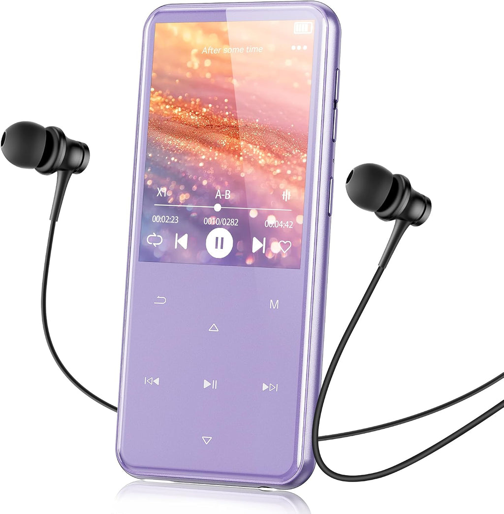 Reproductor MP3 AGPTEK de 64 GB con Bluetooth, modelo M3 de 2,4 pulgadas con altavoz y radio FM, botones táctiles, admite hasta 128 GB (morado).