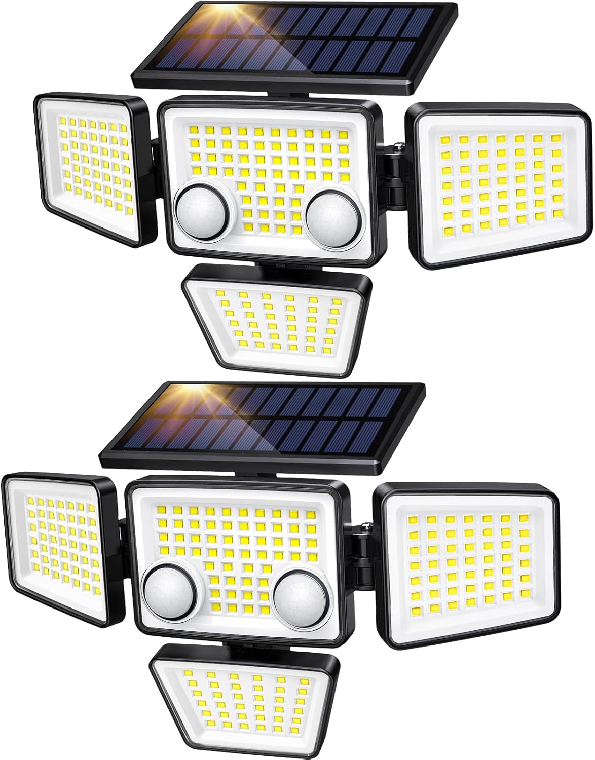 LYWALT Luces Solares de Exterior 3000LM 188 LED | Sensor de Movimiento, 4 Cabezales | IP65 Impermeable, 270° Ángulo Amplio | Pack de 2