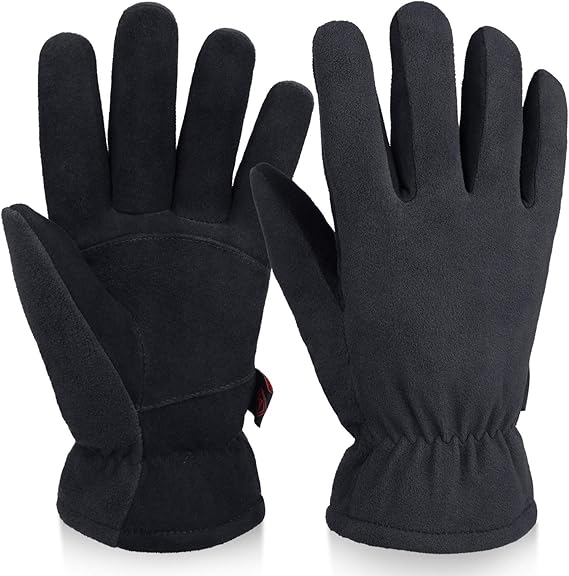 OZERO Guantes de Trabajo de Invierno Aislados a Prueba de Nieve y Frío Guantes de Cuero con Imitación de Lana de Cordero Térmica Gruesa - Agarre Extra Flexible Cálidos para Trabajar en Clima Frío