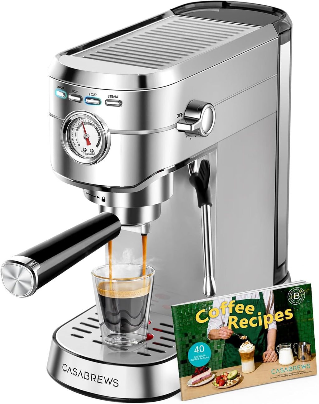 Máquina de Espresso CASABREWS CM5418 20 Bar | Compacta con Vaporizador de Leche | Acero Inoxidable | Tanque Removible de 34oz | Para Cappuccino y Latte