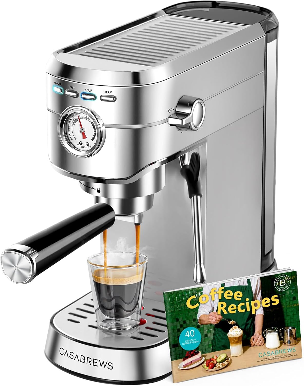 Máquina de Espresso CASABREWS CM5418 20 Bar | Compacta con Vaporizador de Leche | Acero Inoxidable | Tanque Removible de 34oz | Para Cappuccino y Latte