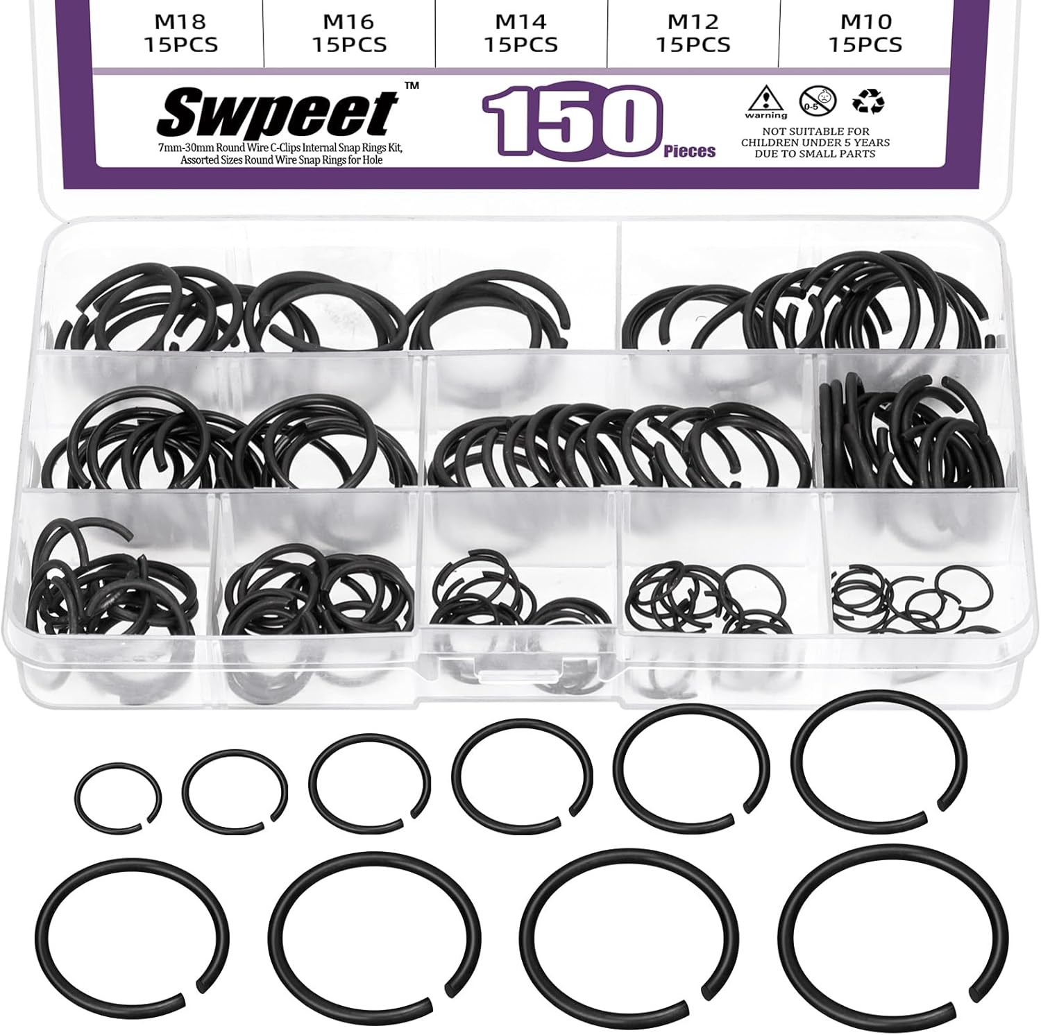 Swpeet 150 piezas 10 tamaños 10 mm-26 mm Acero al carbono para muelles Acero al manganeso Alambre redondo Clips en C Kit surtido de anillos de retención externos, M10 M12 M14 M16 M18 M20 M22 M20 M24 M25 M26 Anillos de retención de alambre redondo para eje