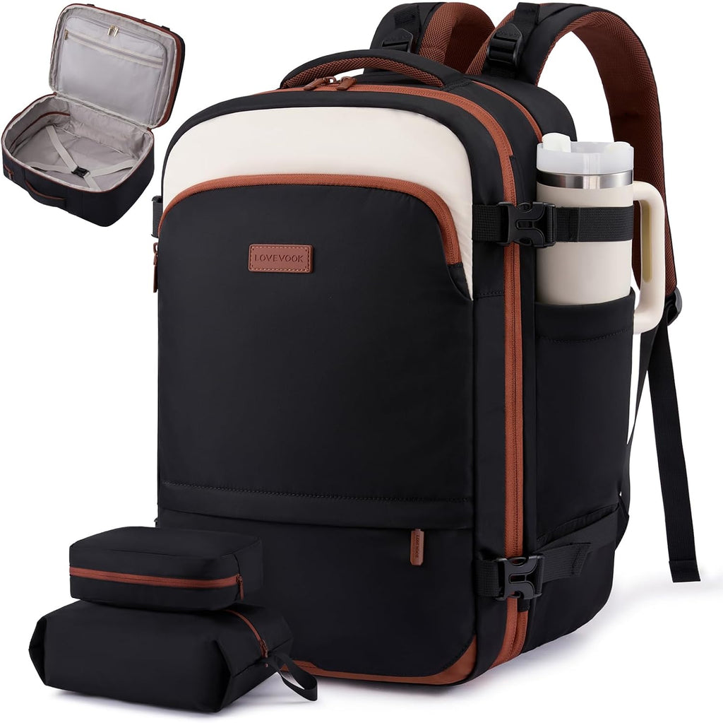 Mochila de mano LOVEVOOK para mujer y hombre, mochila de viaje aprobada para vuelos, bolsa de viaje personal de 55 L, bolsa de fin de semana de negocios con portavasos y 2 cubos, 18 pulgadas, negro-beige-marrón
