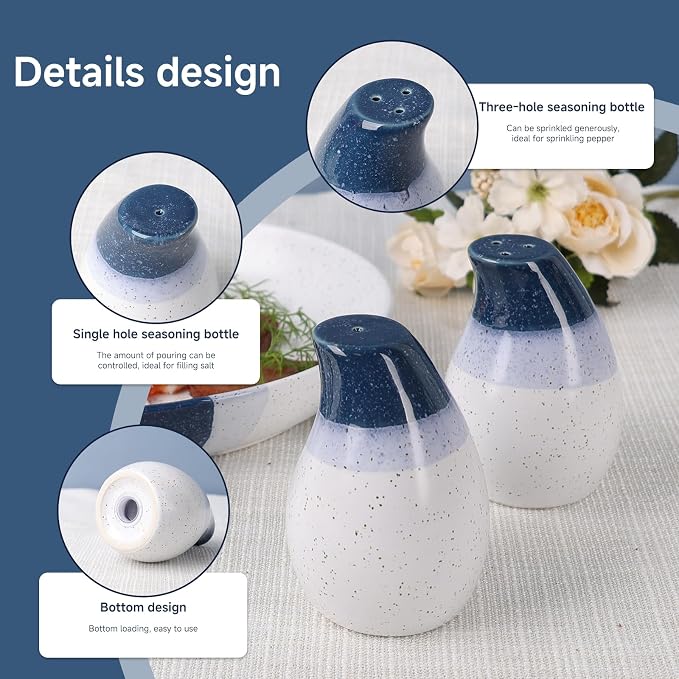 Juego de salero y pimentero de cerámica - Paquete de 2, azul y blanco, dispensadores de un orificio y de tres orificios, elegante accesorio de cocina