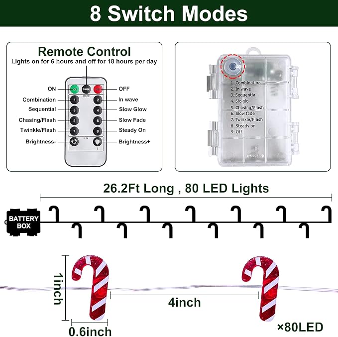 AMENON Guirnalda de 80 luces LED de bastón de caramelo de 26.2 pies, decoración de Navidad, funciona con pilas, luces de hadas con control remoto con temporizador, 8 modos, decoración de Navidad