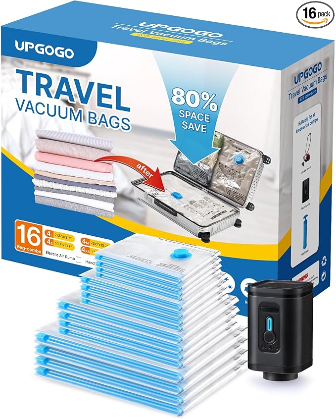⚠️ NO INCLUYE BOMBA ELÉCTRICA | UPGOGO Paquete 16 Bolsas de Vacío para Viaje | Ahorra hasta 80% de Espacio