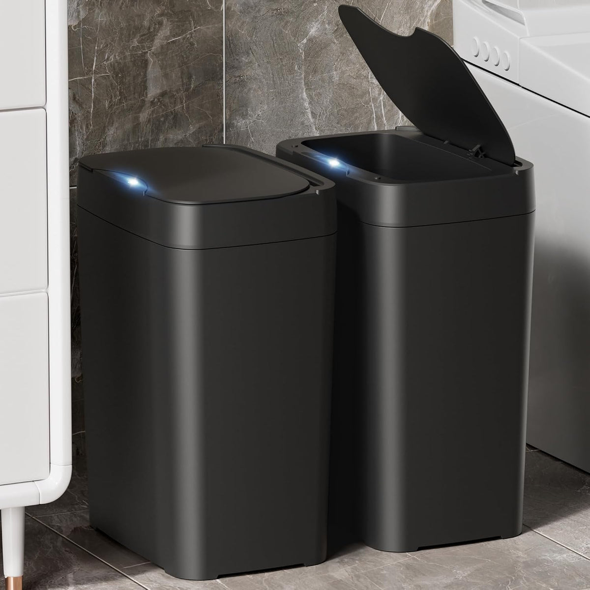 Paquete de 2 papeleras de baño Vanpopubs de 2.7 galones con tapa, papelera automática pequeña e inteligente sin contacto, delgada con sensor de movimiento, de plástico impermeable para dormitorio, oficina, cocina y baño, color negro.