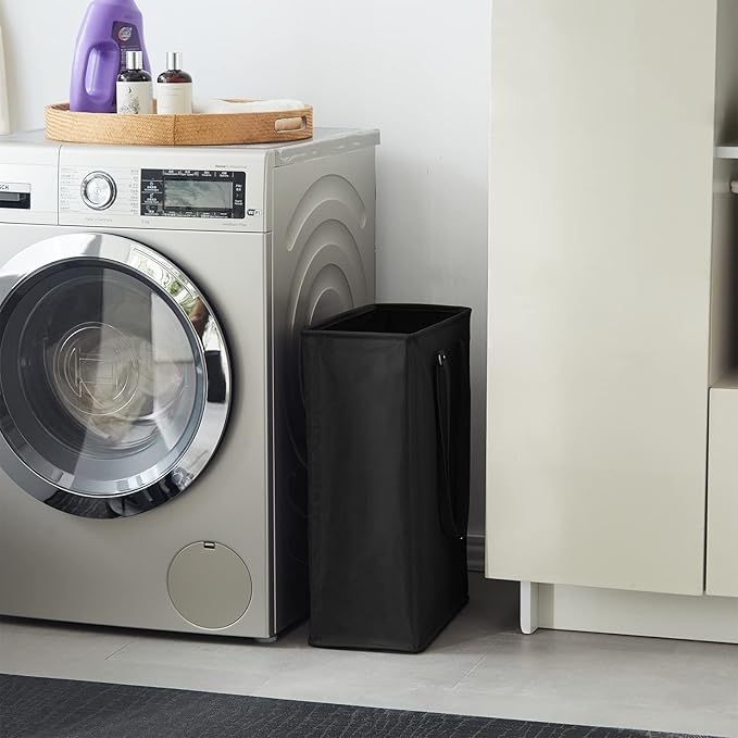 Cesta de lavandería delgada con asas largas ajustables, cestas pequeñas de 45 litros con parte superior de malla, cesta de ropa sucia estrecha para dormitorio, armario y baño, color negro