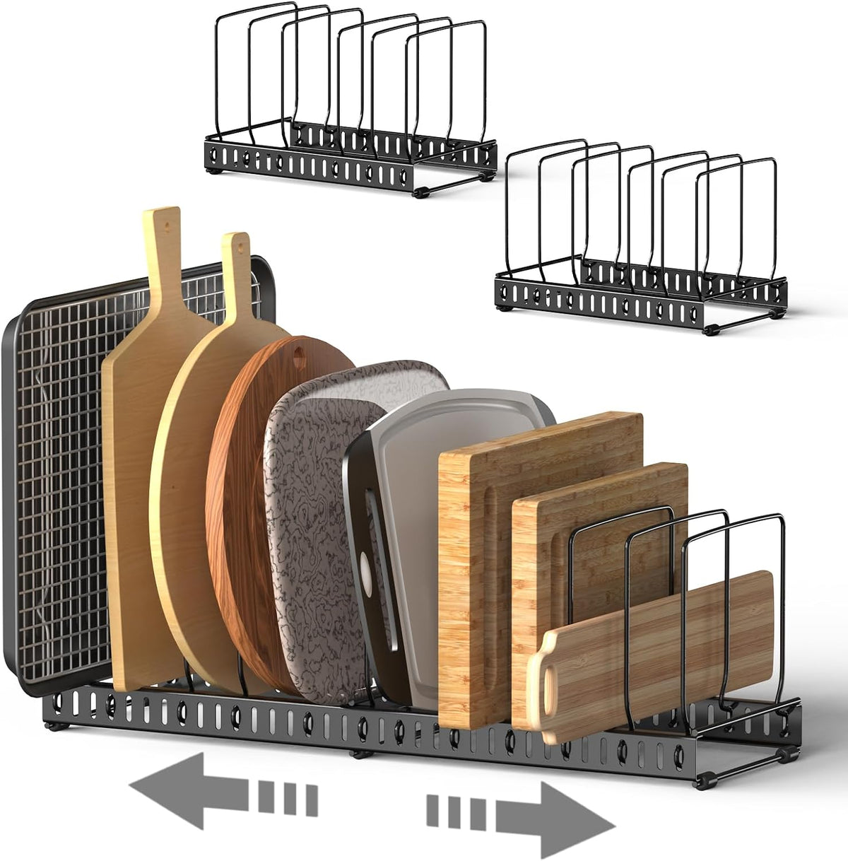 HzTinT Paquete de 2 organizadores de tablas de cortar, soporte para tablas de cortar con divisor ajustable y almohadillas antideslizantes, organizador de gabinetes de cocina para hornear, bandejas para hornear galletas, utensilios para hornear galletas
