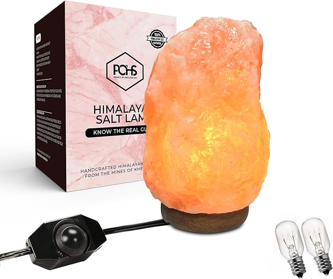 ⚠️ LA EXTENSIÓN DE LA LUZ NO SIRVE — Lámpara de Sal del Himalaya POHS — 8-10 Pulgadas, 100% Auténtica, Base de Madera, Interruptor Regulable y Bombillo de Repuesto