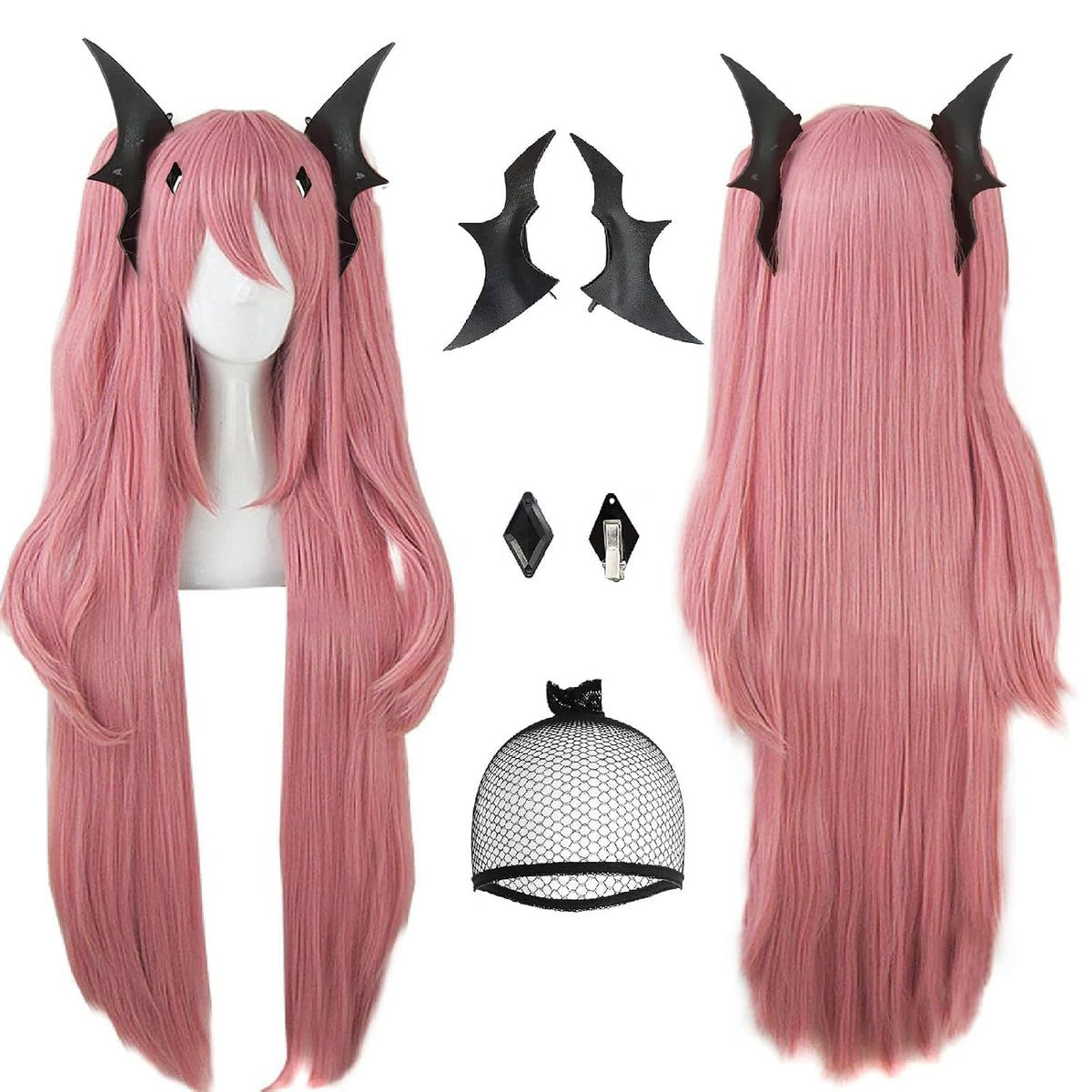 Gorro para el cabello ANOGOL + Set de 3 piezas (1 * Accesorio para la cabeza) Peluca larga rosa para cosplay de anime, coletas con clip, peluca sintética rosa para cosplay de vampiro para mujer, disfraz de anime y dibujos animados, fiesta de Halloween y