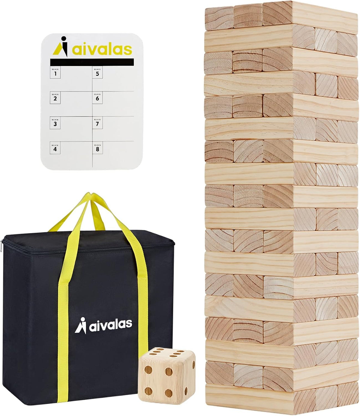 Juegos de bloques de madera gigantes Aivalas, 57 bloques, torre grande para exteriores - Incluye bolsa de transporte y marcador, juegos de apilamiento de madera para el jardín que crecen de 60 cm a más de 128 cm para niños, adultos y familias.