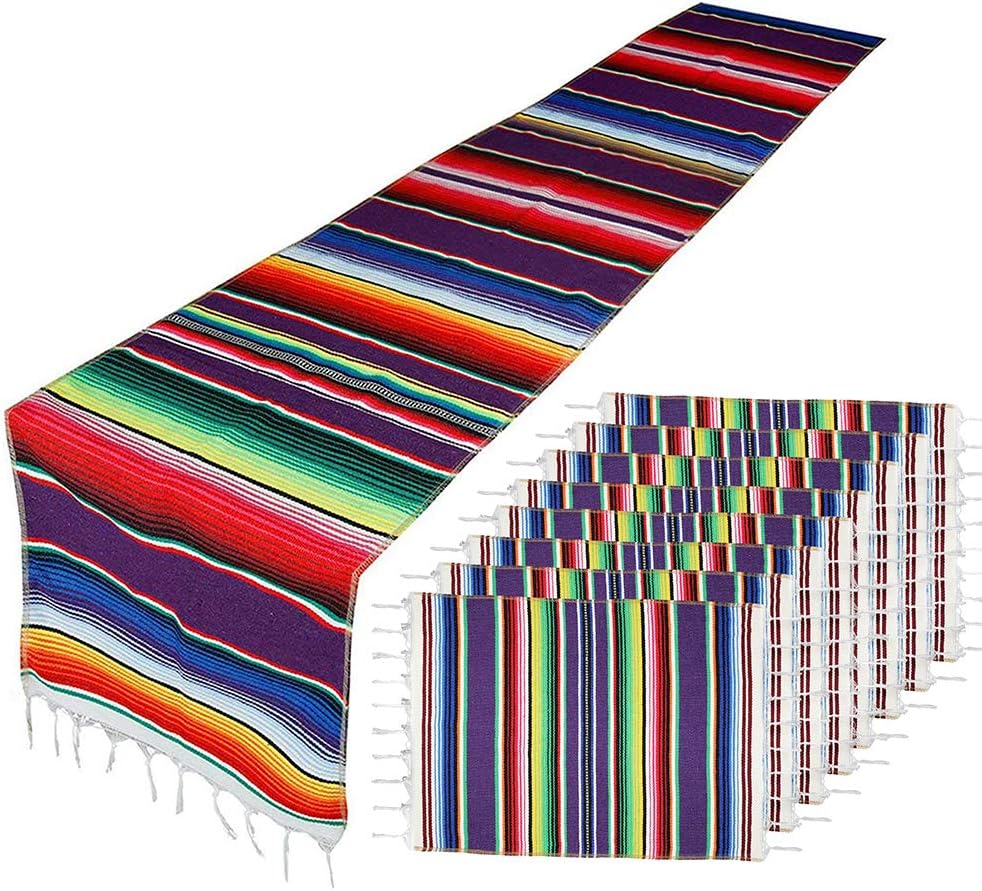 Camino de mesa mexicano con manteles individuales (8 piezas), manteles individuales surtidos de serape mexicano, decoraciones para fiestas y bodas mexicanas, camino de mesa con manta de serape con flecos de 14 x 84 pulgadas (camino de mesa morado + 8
