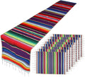 Camino de mesa mexicano con manteles individuales (8 piezas), manteles individuales surtidos de serape mexicano, decoraciones para fiestas y bodas mexicanas, camino de mesa con manta de serape con flecos de 14 x 84 pulgadas (camino de mesa morado + 8