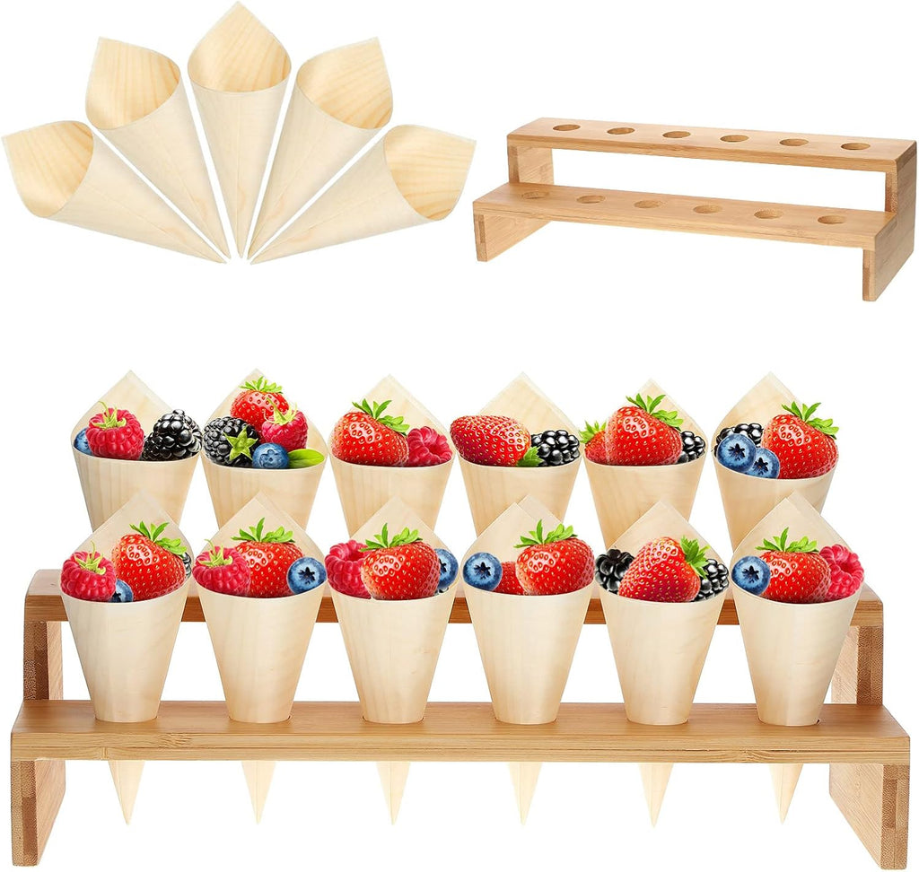 Queekay - 100 conos desechables de madera para comida con 12 agujeros, soporte para exhibición de conos, ideal para charcutería, helados, eventos con catering, fiestas o bufés (rectos, de bambú) 