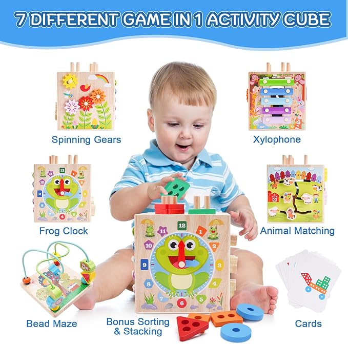 Cubo de Actividades de Madera Montessori Rosa — Juguete Educativo para Bebés y Niños de 1 a 3 Años
