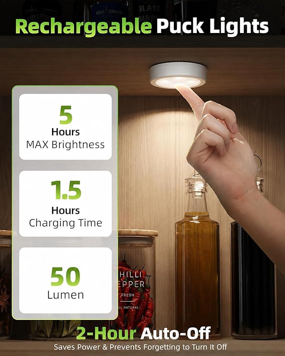EZVALO Luces LED Puck, 50 Lúmenes, Luz Táctil, Mini Luz de Toque de 2.5'', Lámpara de Toque Recargable Adhesiva, 3 Temperaturas de Color, Luces Inalámbricas Bajo Gabinete, Ideal para Cocina, Closet