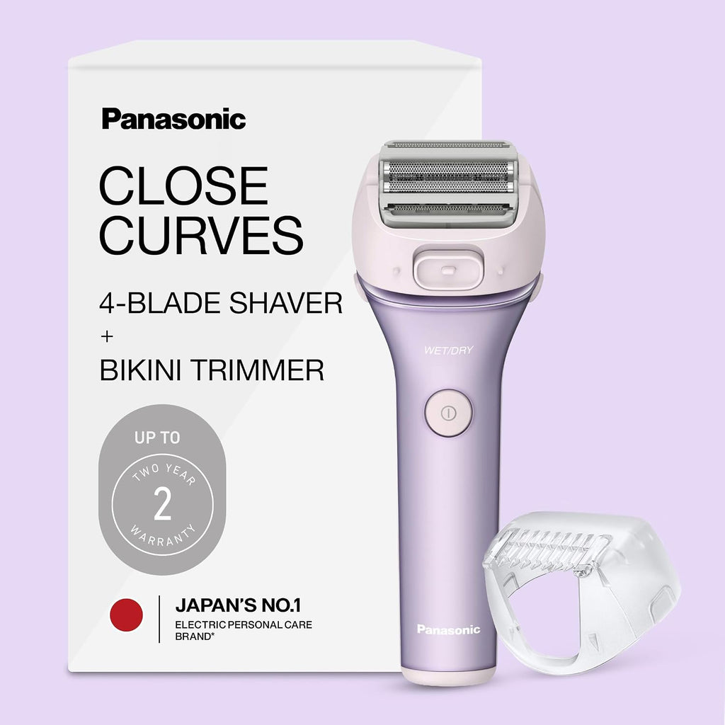 Afeitadora eléctrica Panasonic para mujer, inalámbrica, de 4 hojas, con accesorio para la zona del bikini, recortadora desplegable, apta para uso en seco y húmedo, modelo ES-AWL8AV (morado).