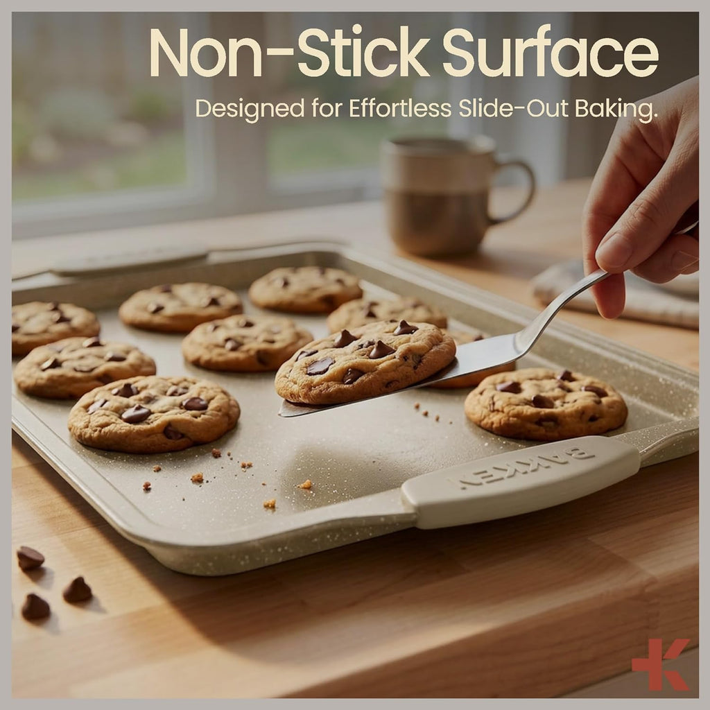 BAKKEN - Juego de 3 bandejas de galletas antiadherentes para hornear, de acero al carbono, apilables, con asas de silicona, hojas de galletas no tóxicas para hornear, color mármol blanco