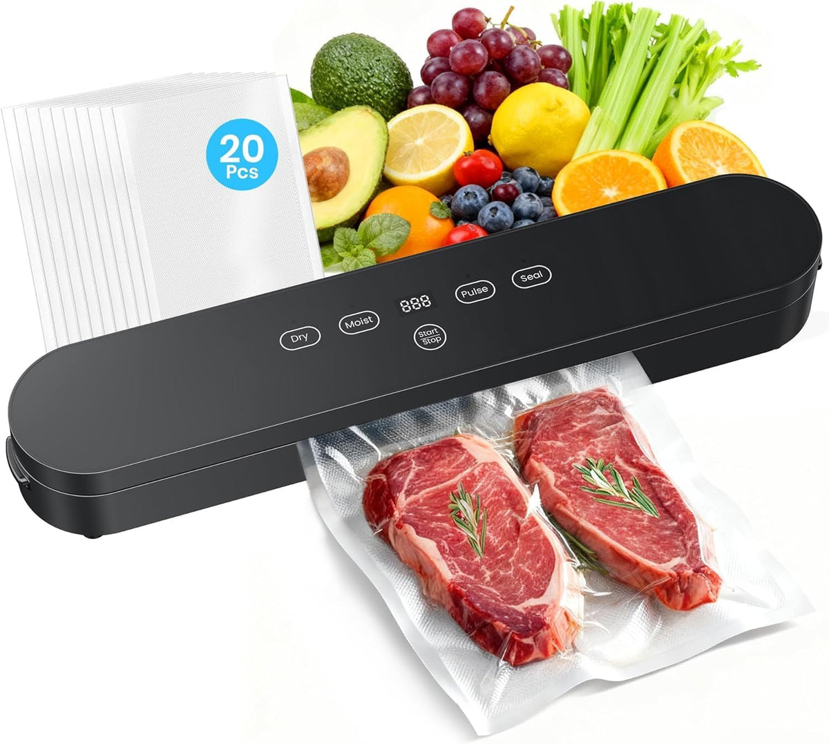Máquina selladora al vacío de 75 kPa, selladora al vacío compacta para alimentos, selladora de alimentos 4 en 1, temporizador digital, modos de sellado para alimentos húmedos/secos, pulsación y sellado, con 20 bolsas para vacío, color negro.