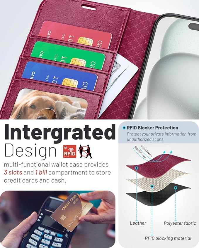 Funda Cartera OCASE para iPhone 17e y 16e — Cuero PU con Bloqueo RFID, Soporte y Ranuras para Tarjetas