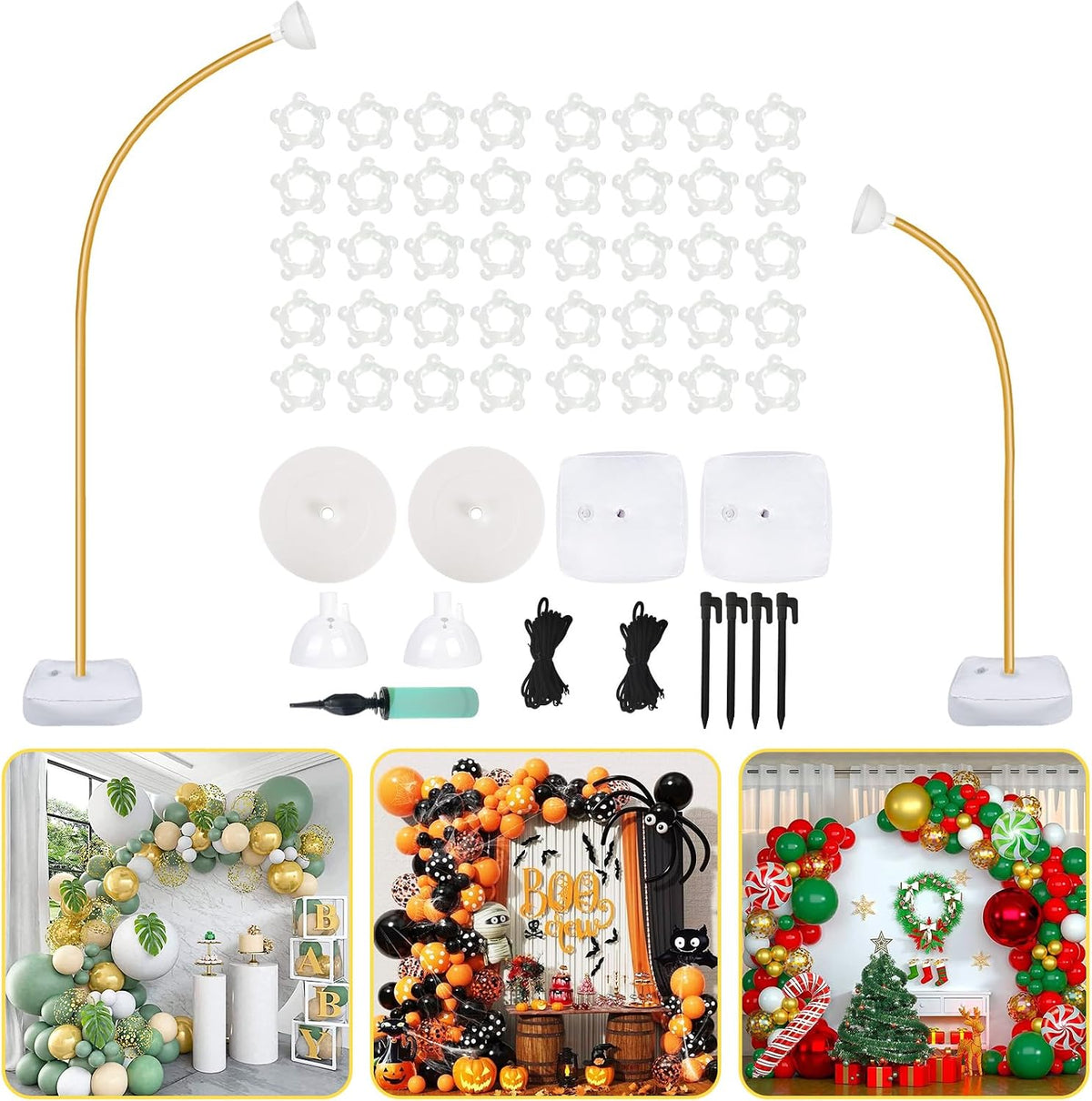 NO icluye pares de cuerda. Kit de arco de globos AerWo de 2,85 m y 1,83 m, soporte de medio arco con base, marco de arco de globos dorado para suelo, ideal para bodas, fiestas de cumpleaños, baby showers, jardines, hogares y decoración navideña.