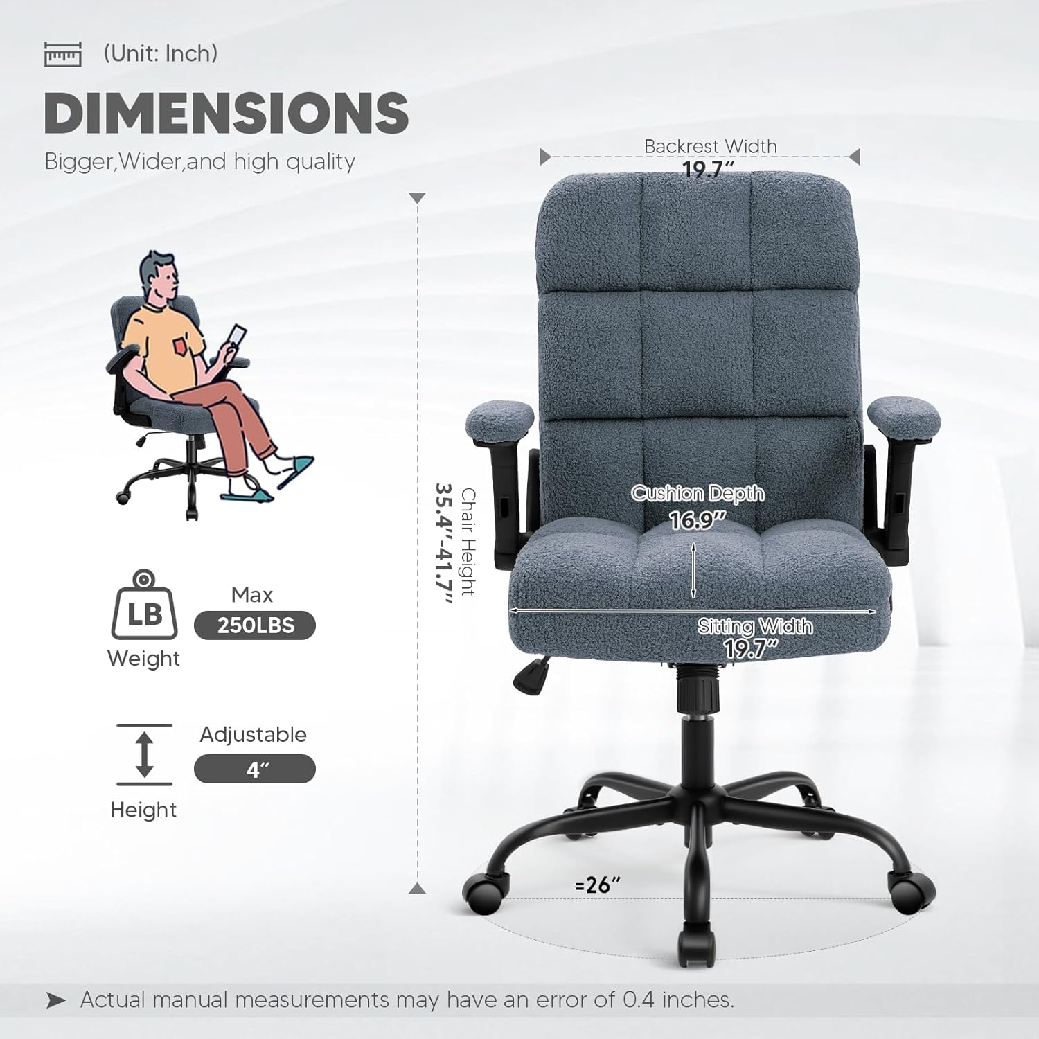 SEATZONE - Silla de oficina con ruedas, ergonómica para oficina en casa con reposabrazos abatible, cómoda silla ajustable con forro polar