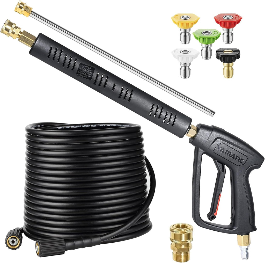 USADO-Kit de Pistola y Manguera para Hidrolavadora YAMATIC | Manguera de 15m Resistente a Torceduras | Conector Rápido 3/8" Giratorio | Adaptador M22-14mm | Para Ryobi y Más