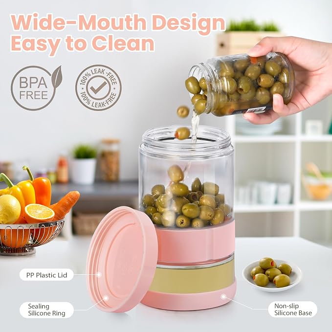 Tarros de pepinillos – Dispensador de pepinillos – Tapa de silicona Botella de vidrio reversible Separación en seco húmedo ancha antideslizante para preparar dulces, yogur, miel preparación de