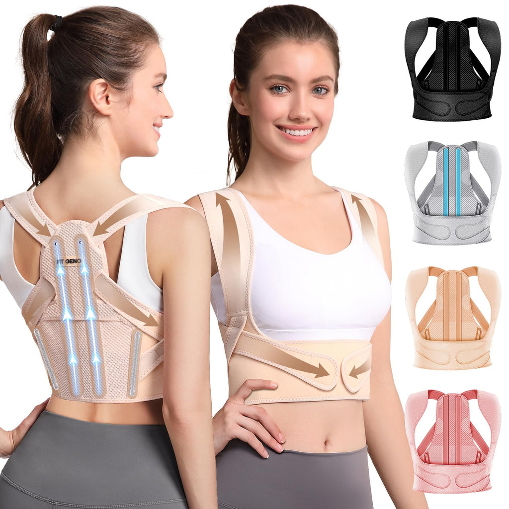 Fit Geno Posture Corrector for Women: Adjustable Lightweight Upper Back Brace for Neck Shoulder & Upper Back Pain Relief - Improve Posture Correct Hunchback Slouching Kyphosis Invisible Under Clothes (M/L Under Bust 32"-45")