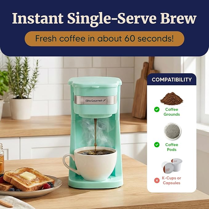 Elite Gourmet EHC113M Cafetera compacta personal de una sola porción, incluye taza térmica de viaje de acero inoxidable de 14 oz