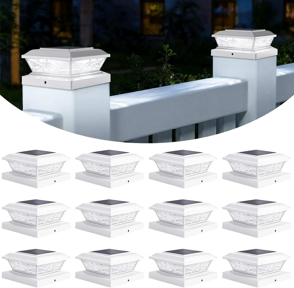 Luces Solares para Poste Brightever 4x4 y 3.5x3.5 | Paquete de 12, para Cercas de Vinilo o Madera | 2 Modos Cálido/Frío, Impermeables | para Jardín y Patio | Blanco