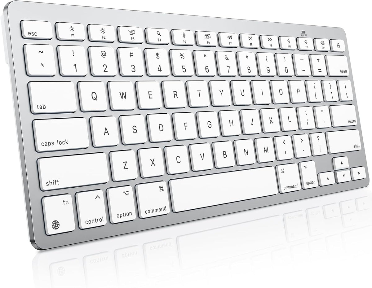 Teclado inalámbrico OMOTON para Mac, diseño ultradelgado y compacto (sin teclado numérico), teclado Bluetooth estable para Mac, ergonómico y portátil, compatible con MacBook Pro/Air/iMac, color blanco plateado.