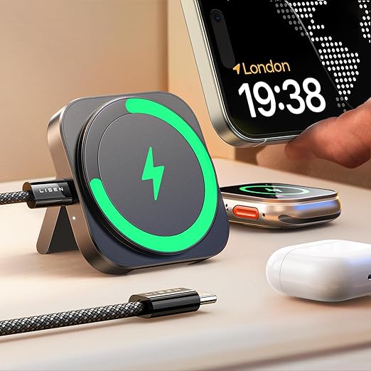 Cargador Inalámbrico LISEN 2 en 1 MagSafe | Estación de Carga Magnética para iPhone 17/16/15/14, Apple Watch y AirPods
