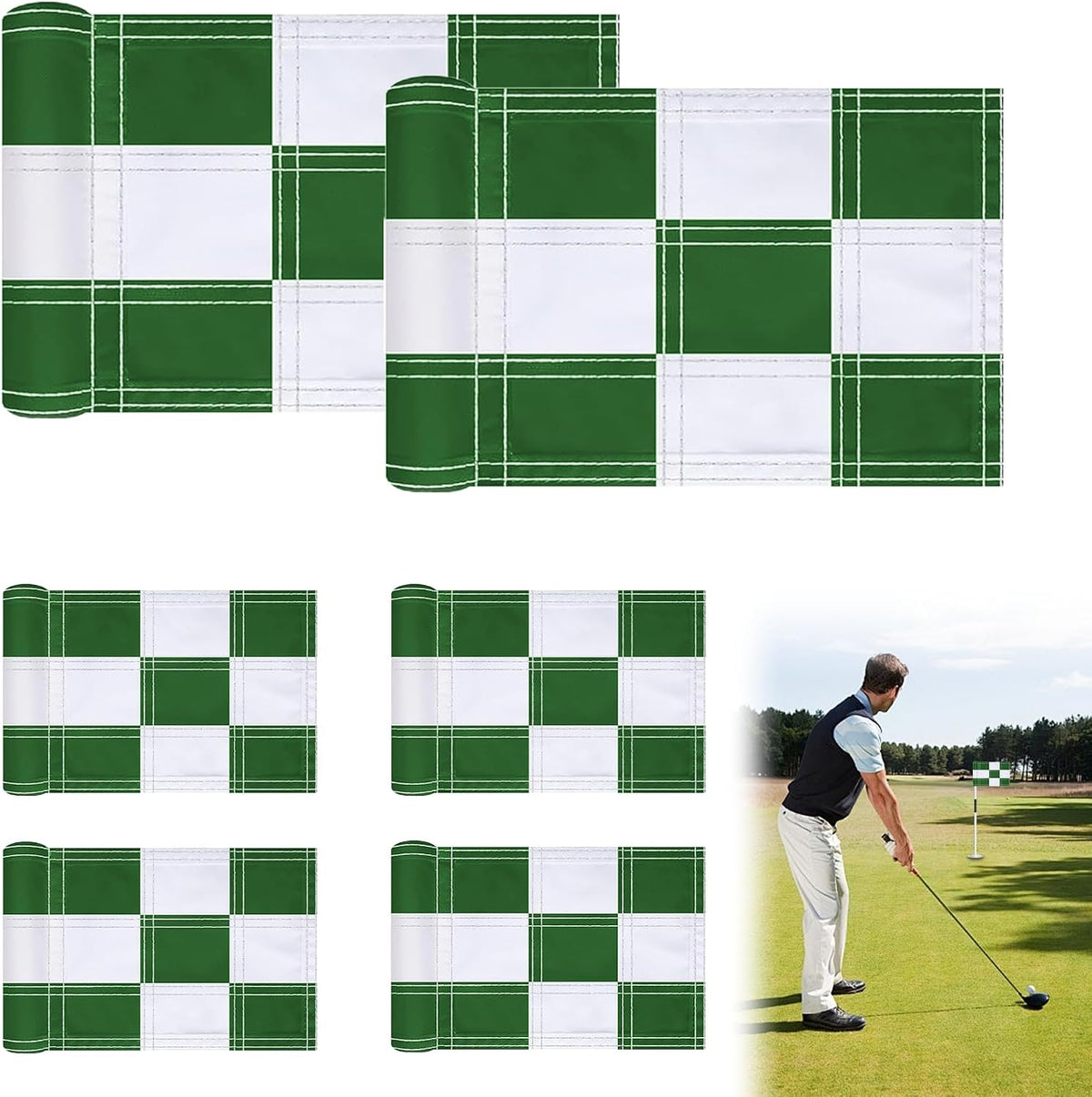 6 banderas de golf a cuadros de 8x6 pulgadas – Bandera de entrenamiento portátil de nailon 420D con tubo insertado, mini campo de práctica de golf para jardín, patio, interior y exterior (verde y blanco)