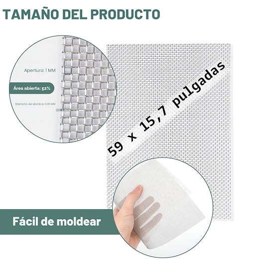 Pantalla de malla de alambre de acero inoxidable 304, 15.7 x 59 pulgadas, agujero de 1mm malla 20, sin óxido y resistente, fácil de cortar, malla metálica resistente al calor para ventilación, malla
