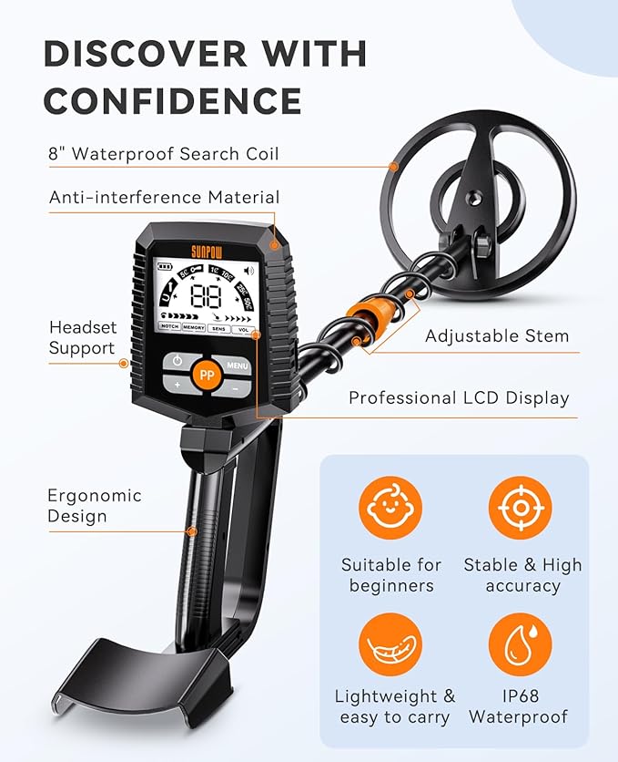 Detector de Metales SUNPOW MD13 para Adultos y Niños — Impermeable, 4 Modos, Pantalla LCD, Bobina 8"