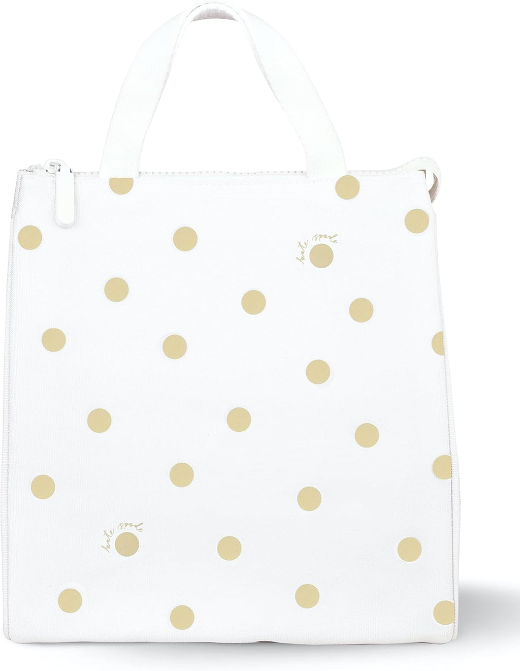 Bolsa térmica portátil Kate Spade New York para el almuerzo, con forro interior aislante y bolsillo de almacenamiento, para mujer, con lunares dorados y texto. 