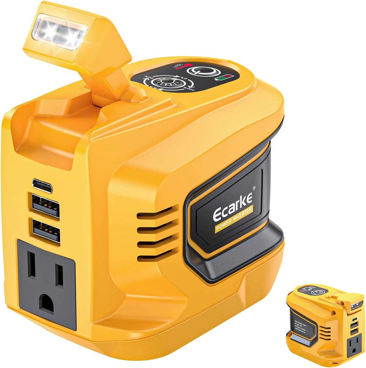 ⚠️ IMPORTANTE: No Incluye Batería | Inversor Portátil Ecarke 200W Compatible con Batería DeWALT 20V, Convertidor DC 20V a AC 110V con 1 Salida AC, 2 USB, 1 Type-C y Luz LED, Uso Emergencia Exterior (Solo Herramienta)