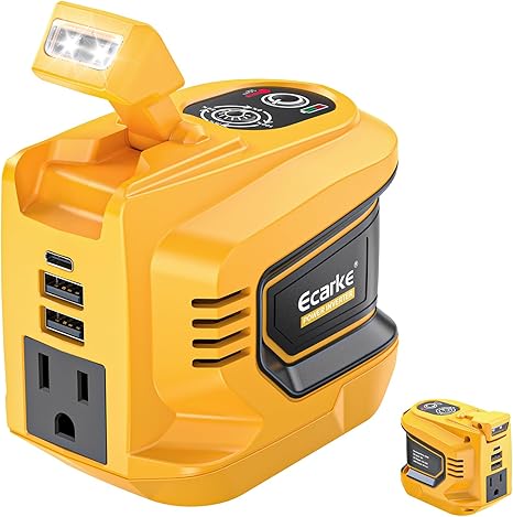 Inversor de Corriente Portátil Ecarke 200W Compatible con Batería DeWALT 20V – DC 20V a AC 110V con USB, Tipo C y Toma AC