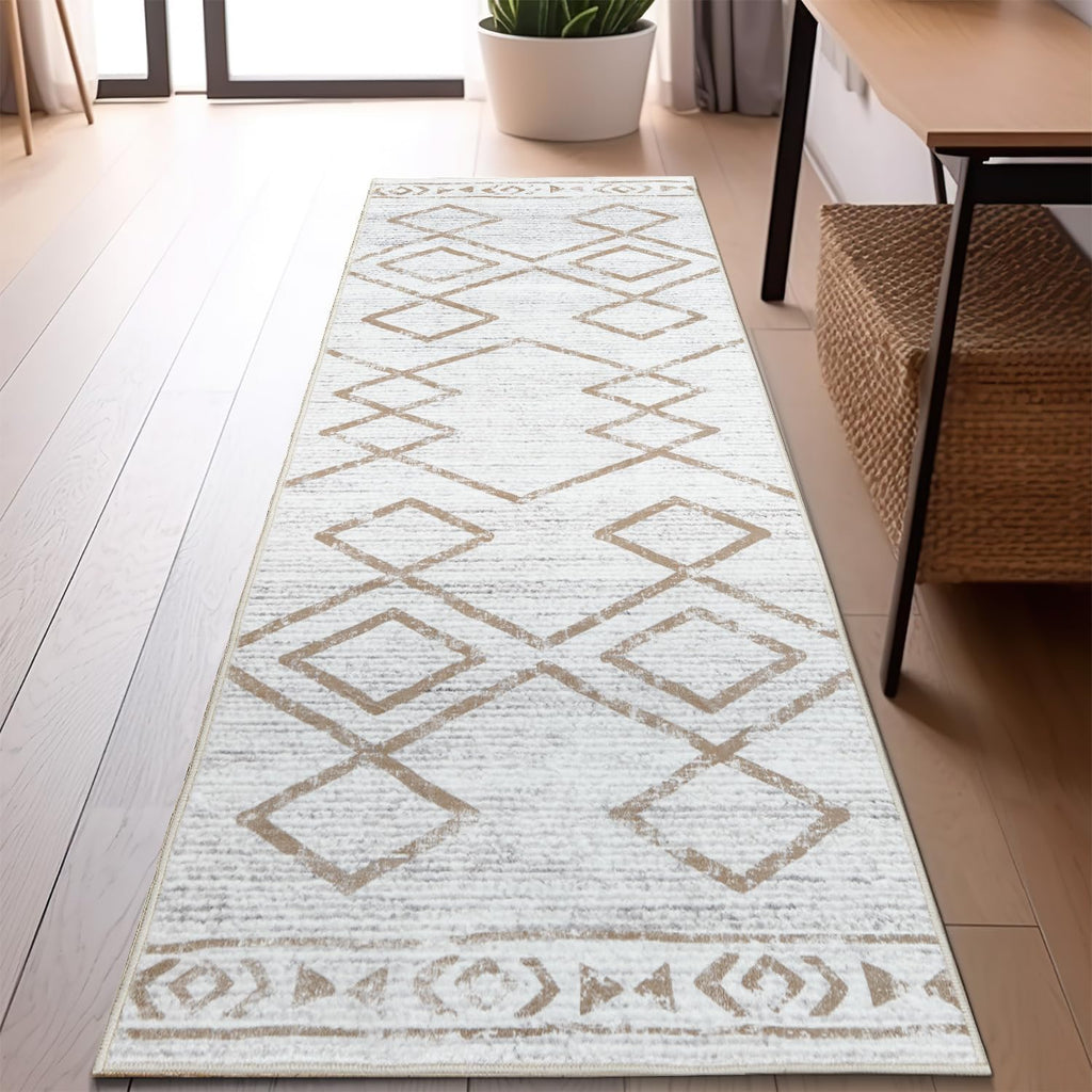 jinchan Moroccan Runner Rug 2x6 - Kitchen Machine Washable Runner Rug Modern Geometric Soft Low-Pile Lightweight Non-Slip Carpet for Entryway Hallway Laundry Room Bedroom Farmhouse (2x6ft, Taupe)