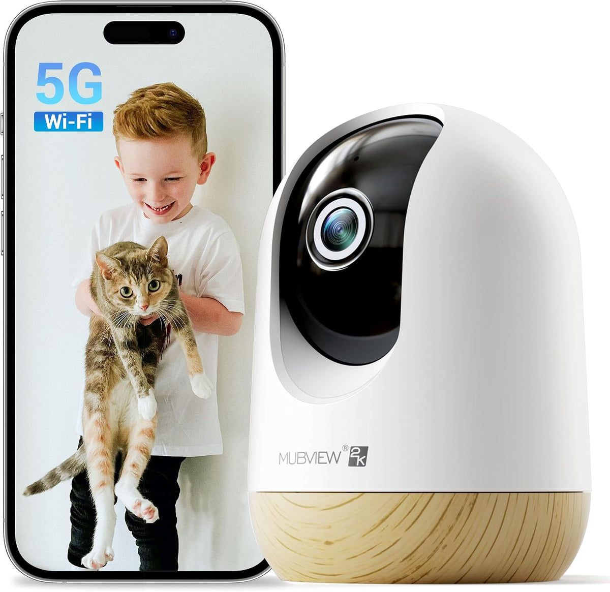 Cámara de seguridad interior MUBVIEW 5G WiFi sin suscripción, cámara para mascotas con aplicación para teléfono, monitor de bebé WiFi para smartphone, cámara para perros con visión nocturna 2K, seguimiento automático, audio bidireccional